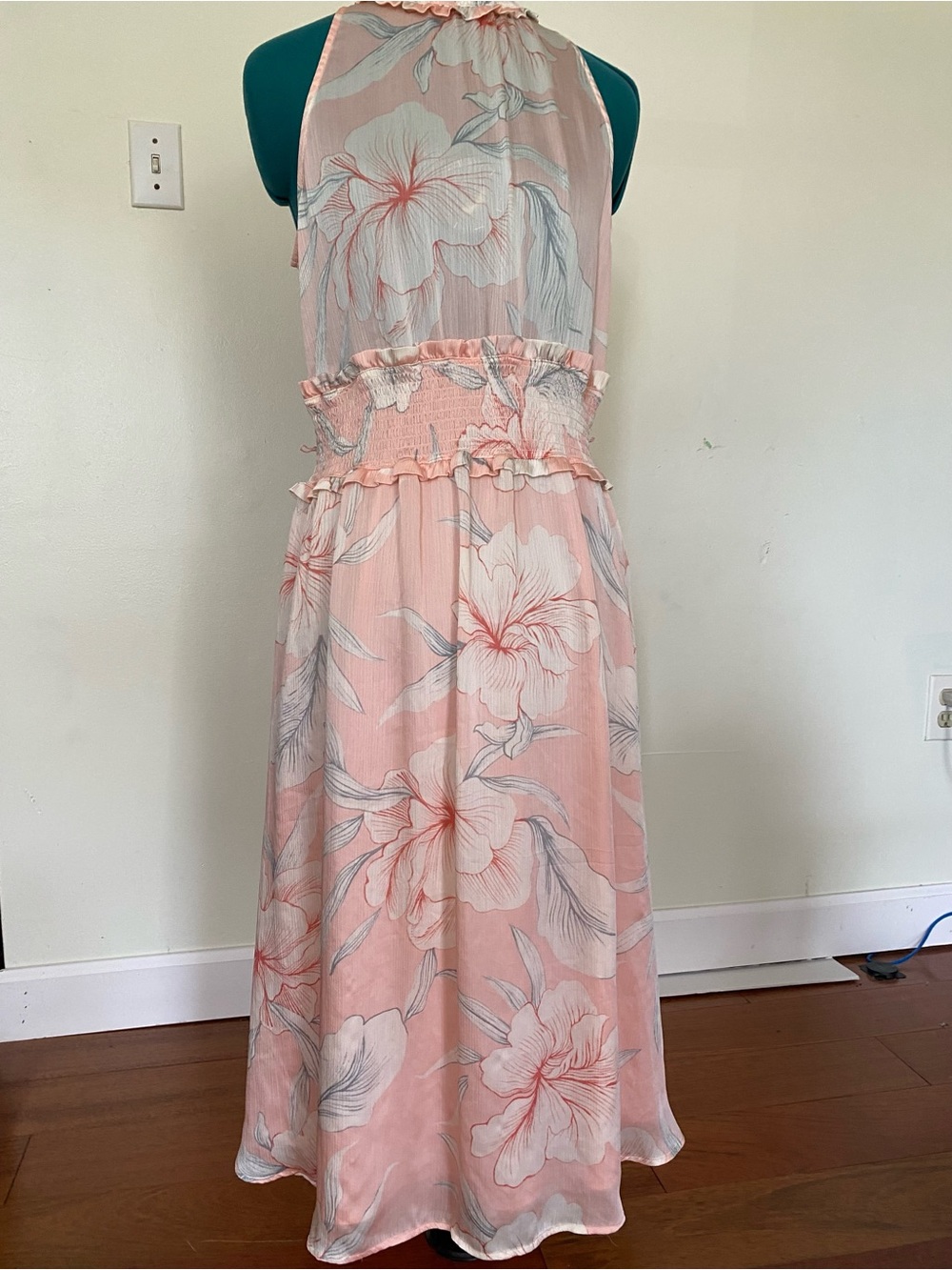 Women's Pink Floral Halter Maxi Dress with Smocked Waist